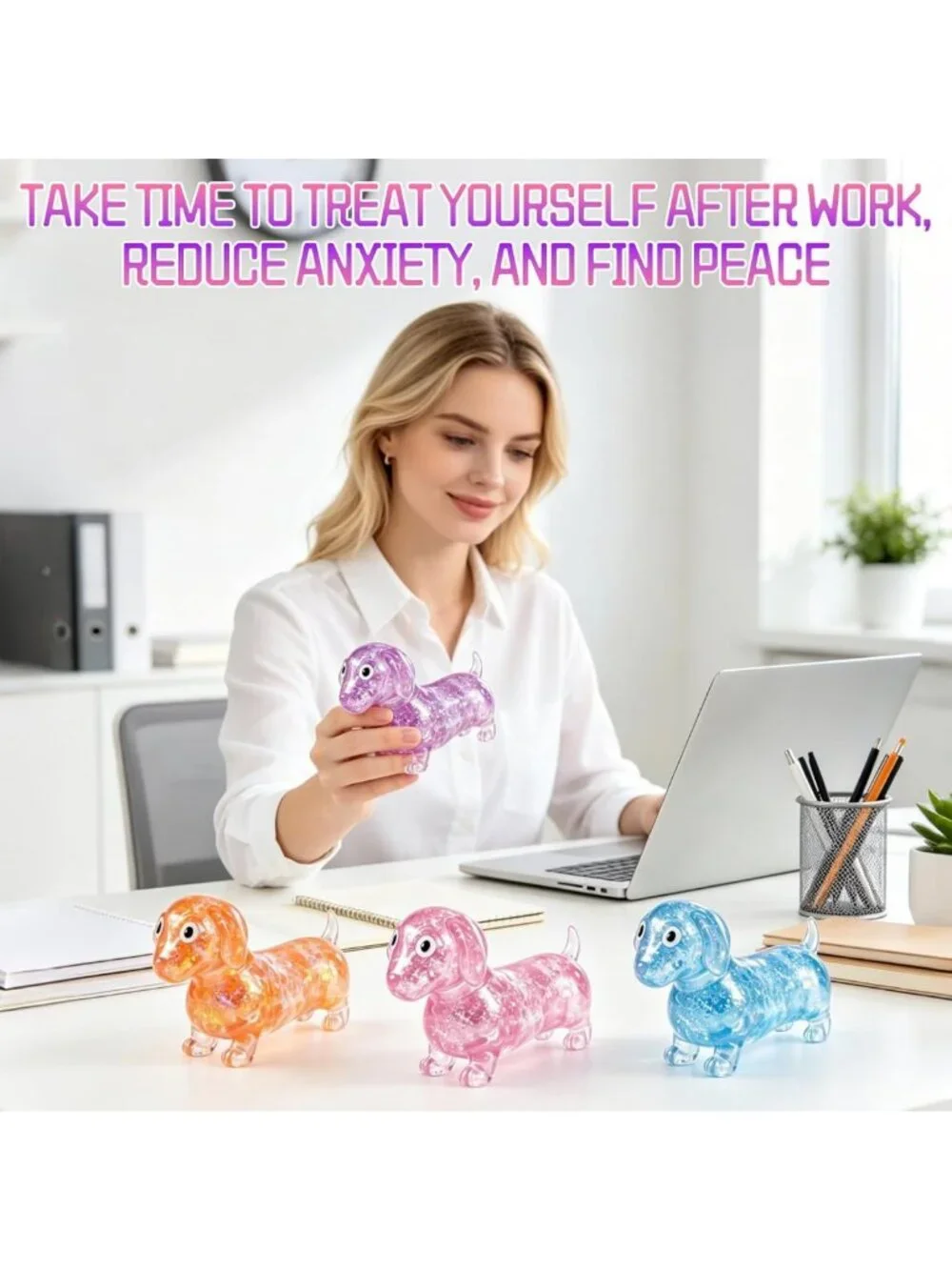 2Pcs Squishy Dachshund Stress Balls - Sparkly Gel Rainbow Weiner Dog Toys